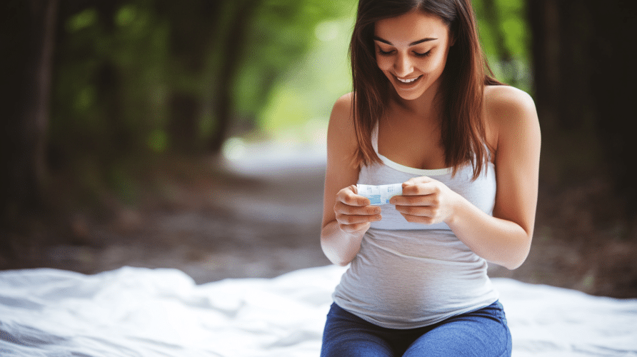 chica-embarazada-con-sindrome-del-ovario-poliquistico-en-la-naturaleza-viendo-unas-pastillas-de-myo-inositol-sonriendo