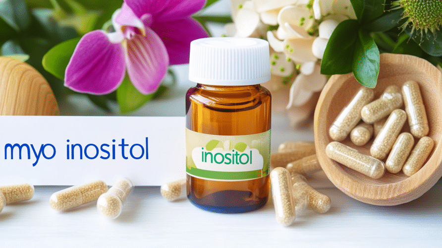 imagen-de-un-frasco-de-myo-inositol-con-flores-alrededor-y-pastillas-de-myo-inositol-fondo-blanco-y-realista