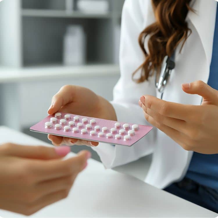 Imagen de medicamentos ginecológicos en la mano de una ginecóloga