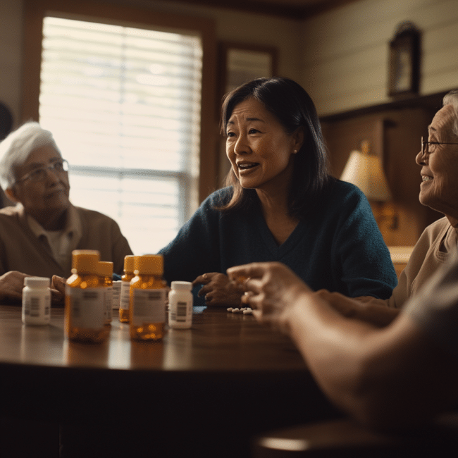 adultos mayores hablando en una mesa con medicamentos geriátricos