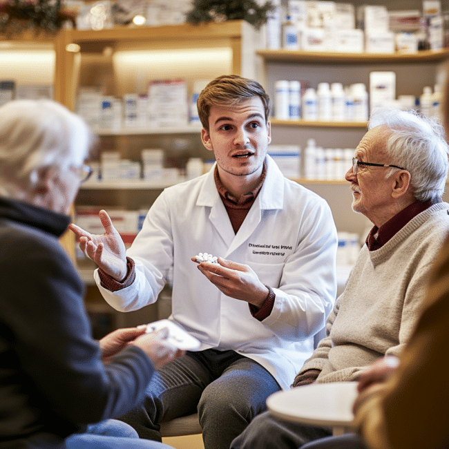 Medico dando consejos para el uso de medicamentos geriátricos