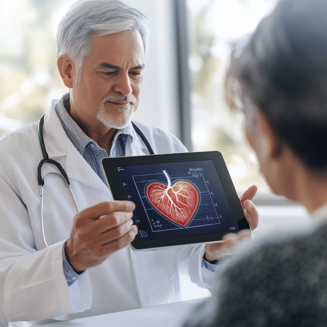 médico explicando el uso de medicamentos cardiovasculares, con una tableta digital mostrando un diagrama del corazón