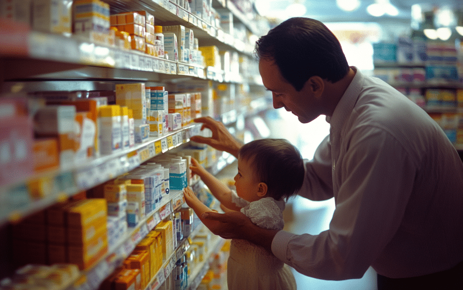 imagen de papa e hijo tomando medicamentos pediátricos en farmacia