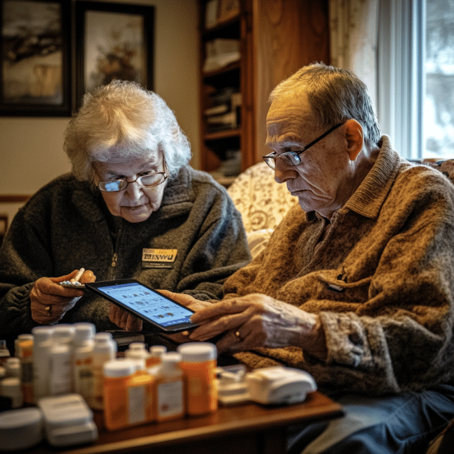 dos adultos mayores ayudados de una tableta para tomar sus medicamentos geriátricos