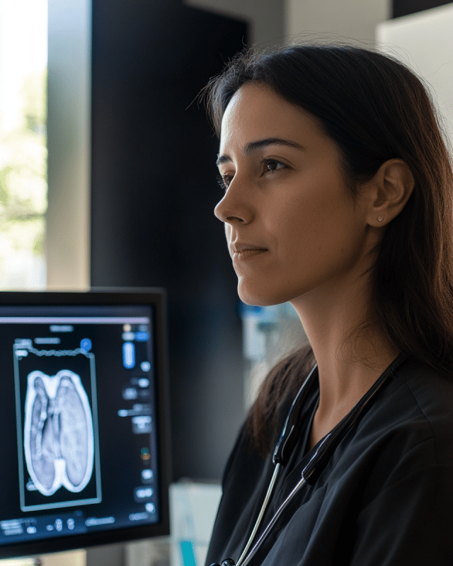 Imagen de ginecóloga junto a un monitor que muestra gráficos de salud femenina