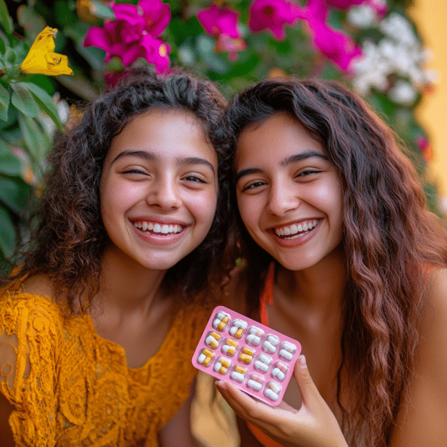 Imagen de chicas sonriendo y sosteniendo medicamento contra las infecciones ginecológicas