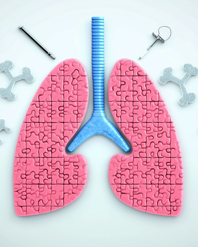 Ilustración creativa de unos pulmones representados como piezas de rompecabezas rosadas, con tráquea azul y herramientas médicas alrededor, simbolizando la complejidad del sistema respiratorio y su restauración.