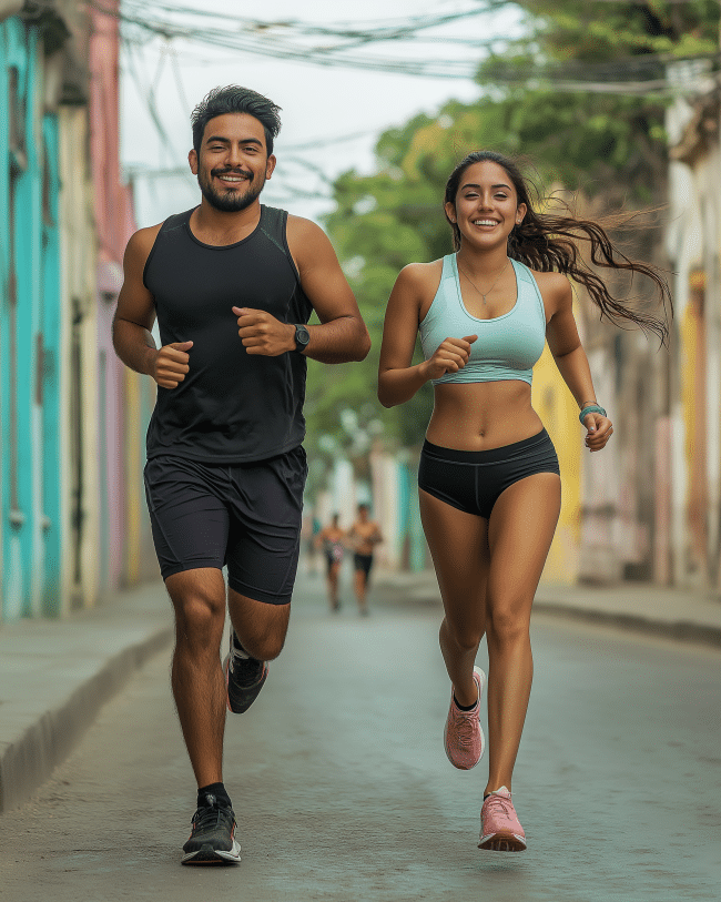 Pareja joven corriendo por una calle urbana de colores vivos, representando cómo la actividad física mejora la capacidad pulmonar y potencia los beneficios de los tratamientos respiratorios.