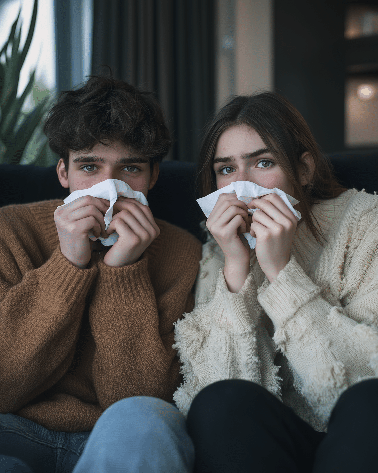 Pareja de jóvenes con suéteres abrigadores cubriéndose la nariz con pañuelos, mostrando síntomas de problemas respiratorios comunes como gripe, congestión o infección viral.