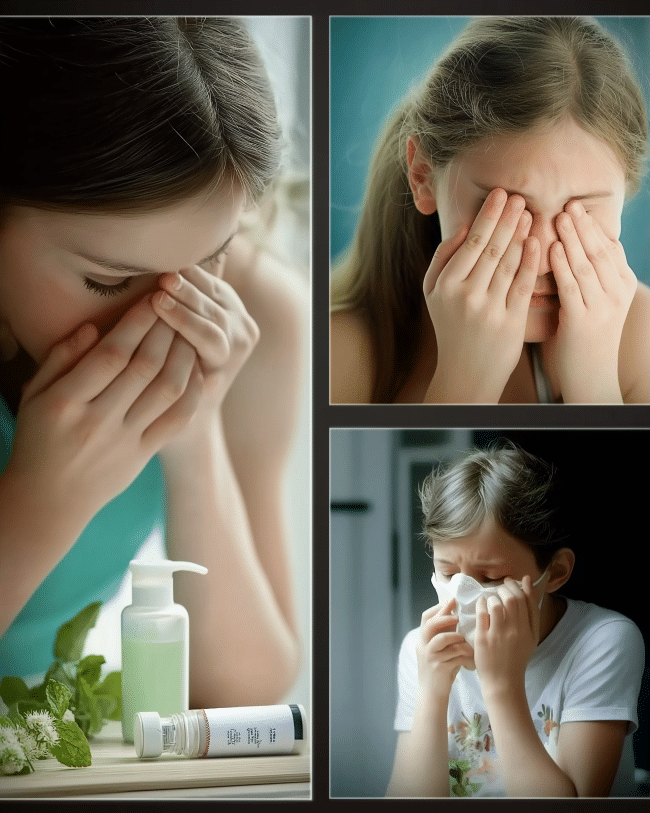 Tres imágenes de niñas con malestar respiratorio, estornudando y tocando sus ojos, acompañadas de productos naturales. ilustración de los primeros síntomas de infecciones respiratorias
